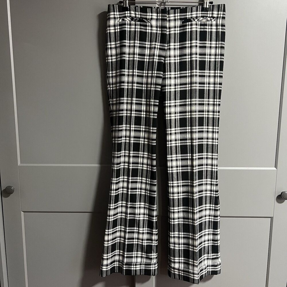 Trina Turk Roll Cuff Wide Leg Flare Plaid Trousers Black/White 6 Academia Preppy